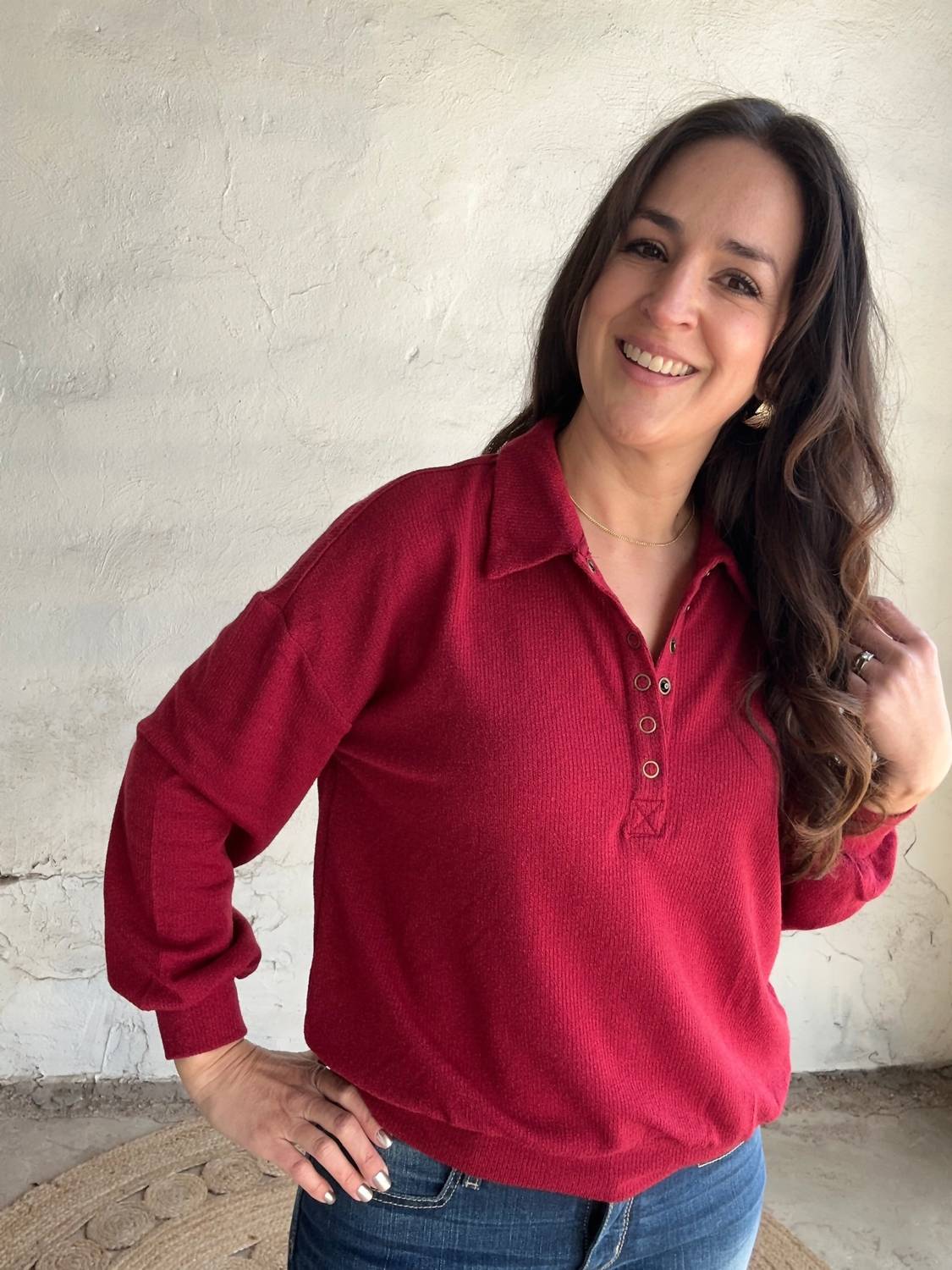 Blu Pepper - Collared Half Snap Knit Long Sleeve Sweatshirt