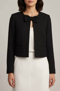 Blu Pepper - Tweed Front Bow Tie Detail Blazer Jacket