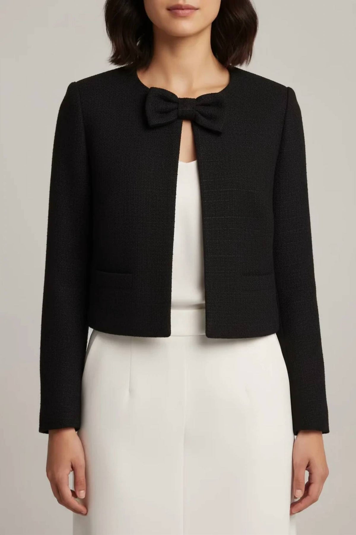 Blu Pepper - Tweed Front Bow Tie Detail Blazer Jacket