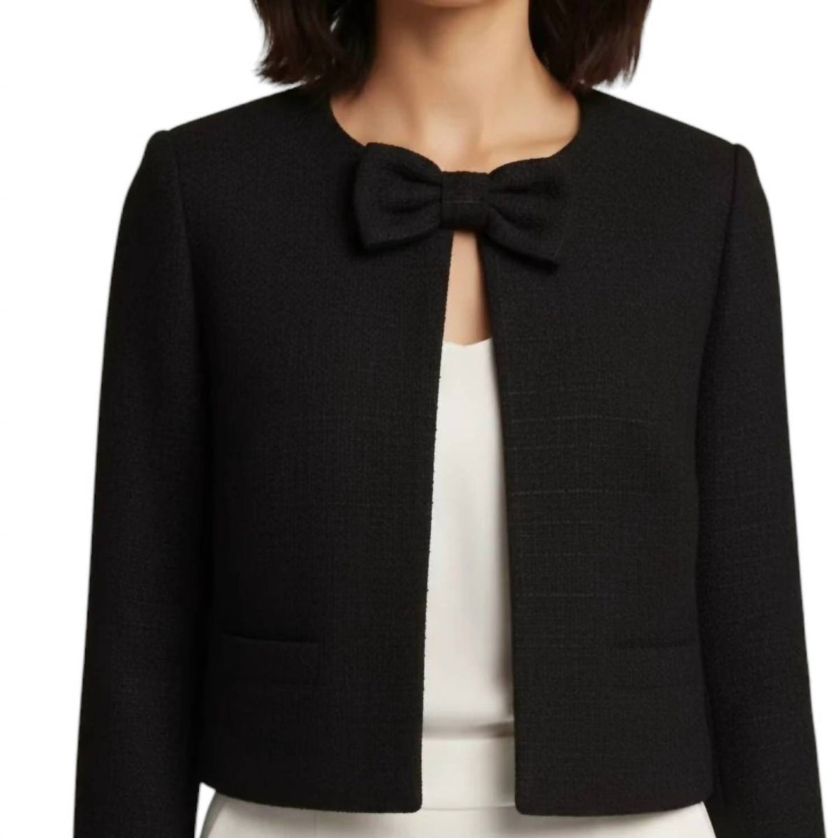 Blu Pepper - Tweed Front Bow Tie Detail Blazer Jacket
