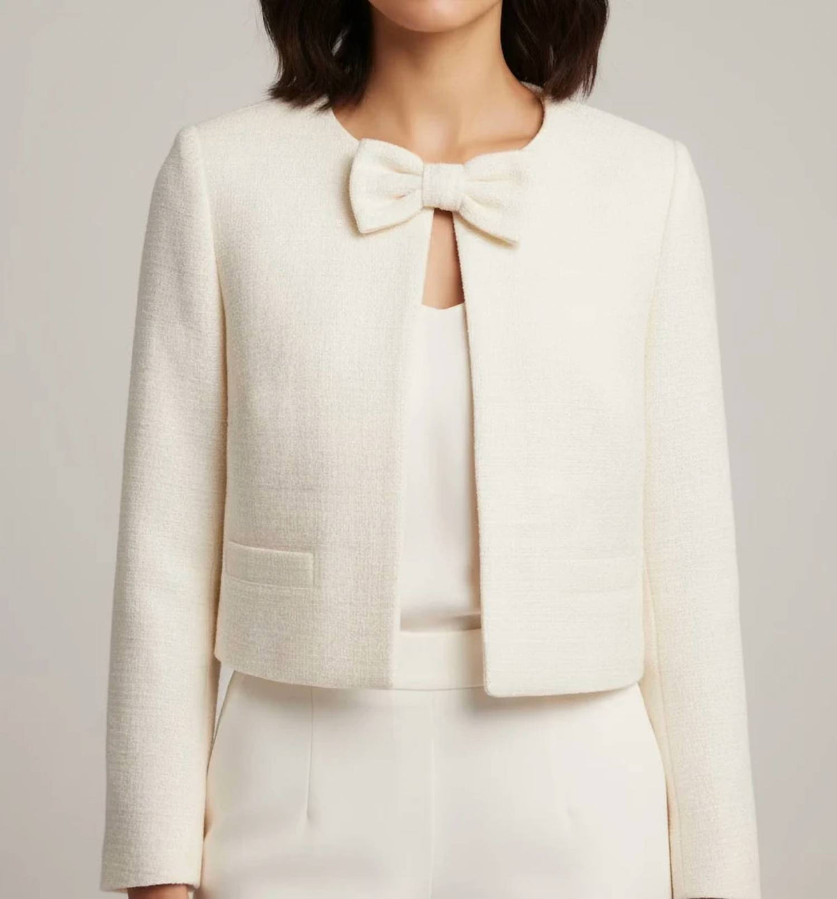 Blu Pepper - Tweed Front Bow Tie Detail Blazer Jacket