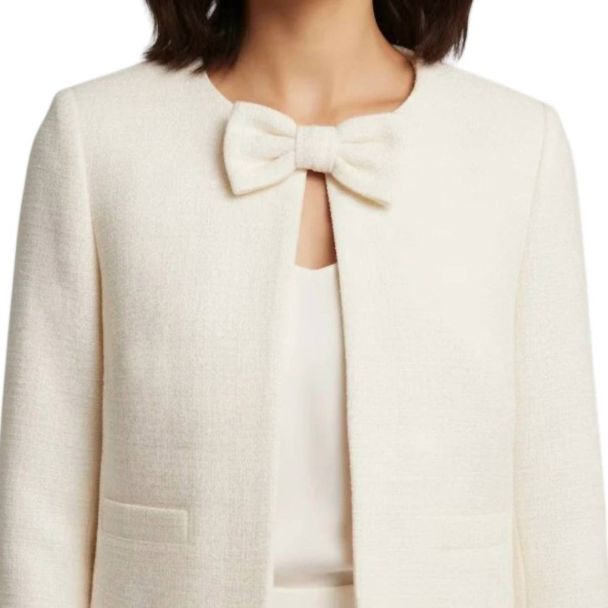 Blu Pepper - Tweed Front Bow Tie Detail Blazer Jacket