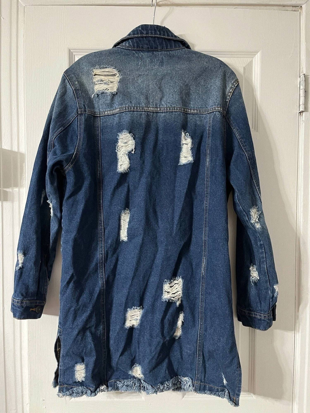 Blue Age - Women's Long Denim Distressed Jacket With Pockets