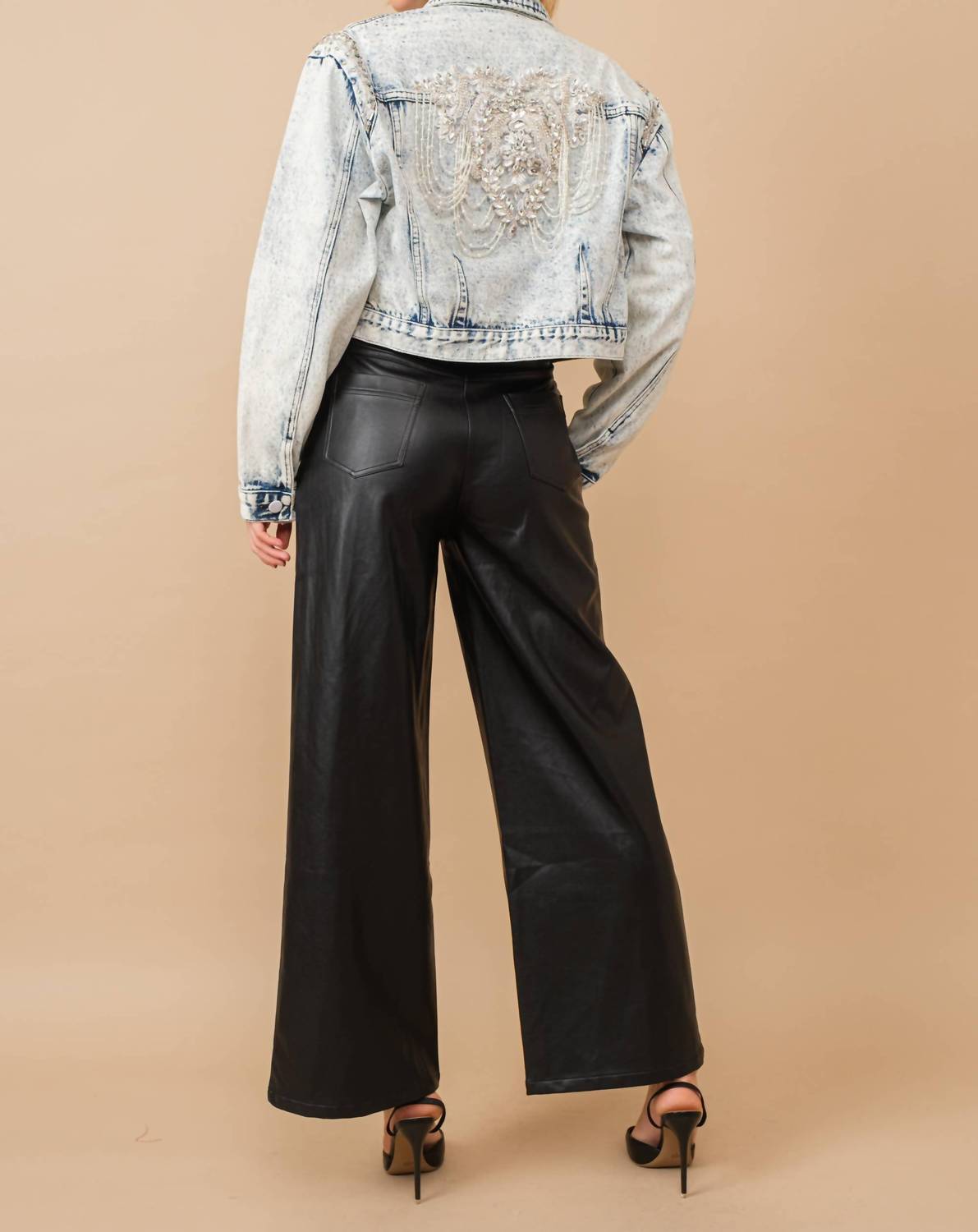 Blue B - Acid Washed Shoulder Beading Denim Jacket