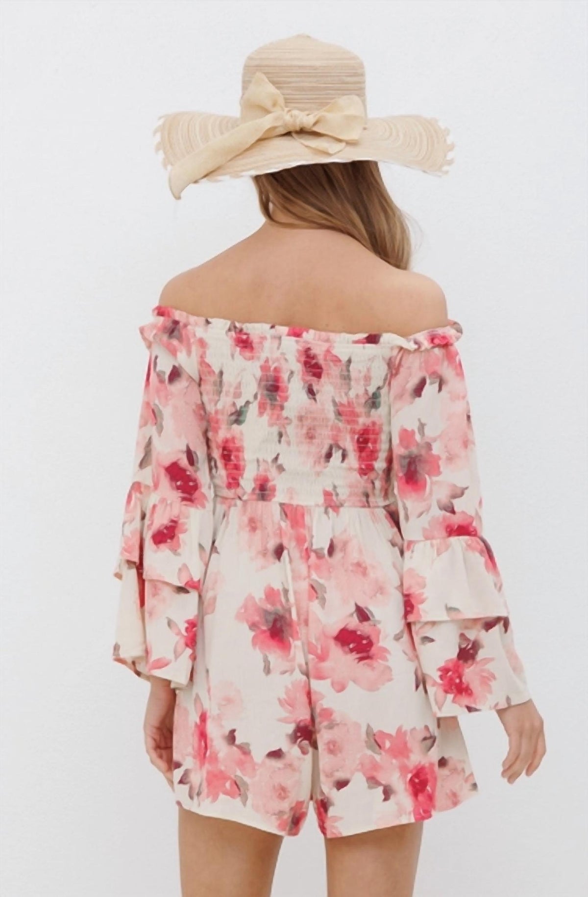 Blue B - Floral Off Shoulder Bell Tie Romper