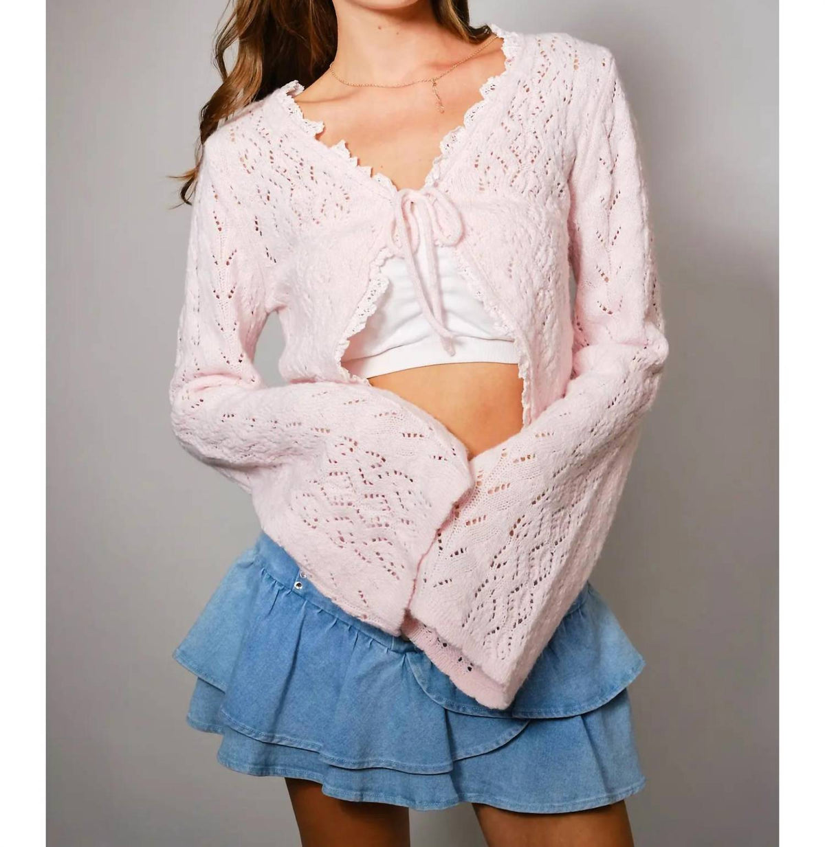 Blue B - Open Knit Tie Front Shrug