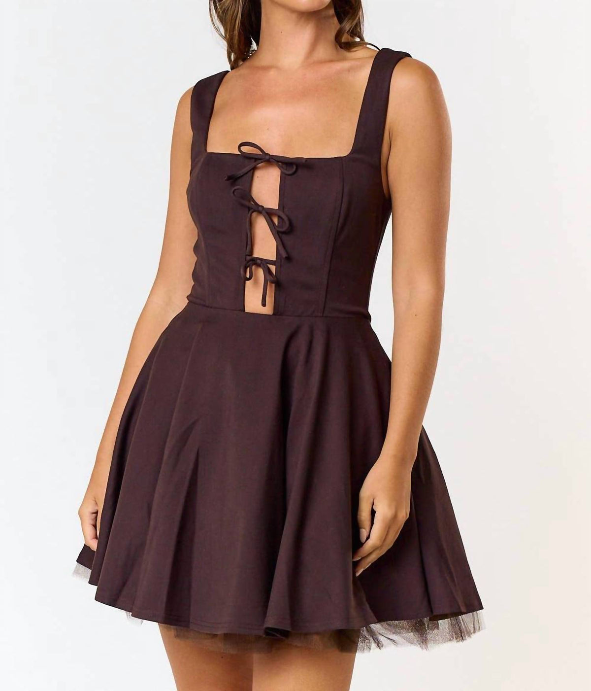 Blue Blush - Tie Front Square Neck Flared Mini Dress