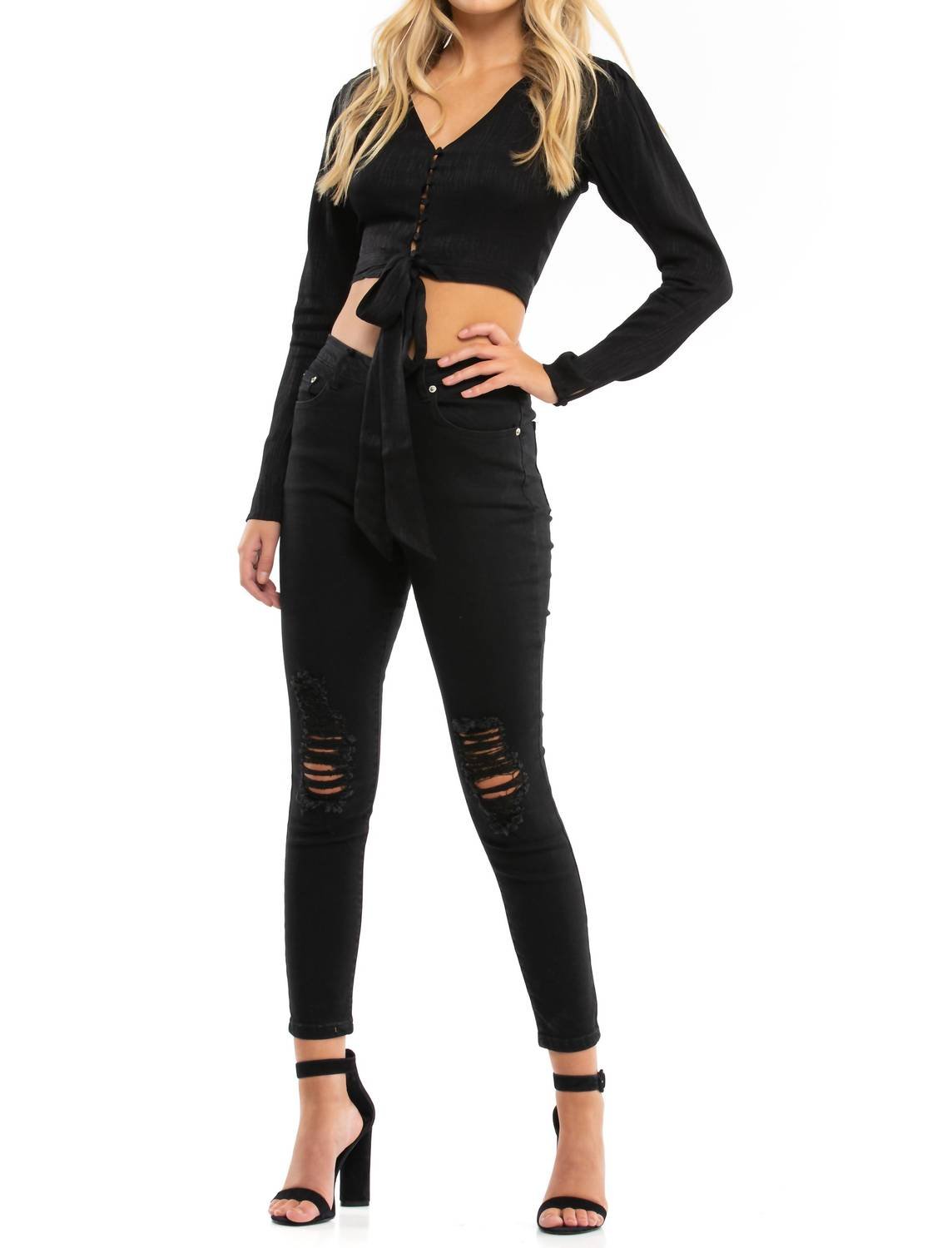 Blue Life - Roma V - neck Long Sleeve Top - black - blouses - clothing