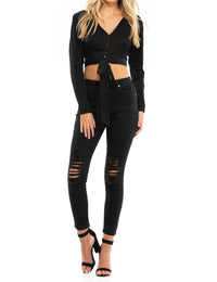 Blue Life - Roma V - neck Long Sleeve Top - black - blouses - clothing