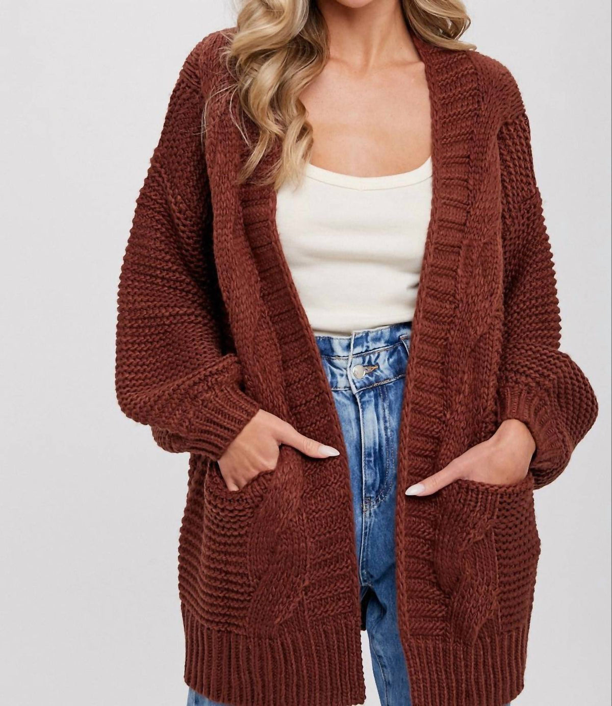 Bluivy - Chunky Cable Lantern Sleeve Cardigan