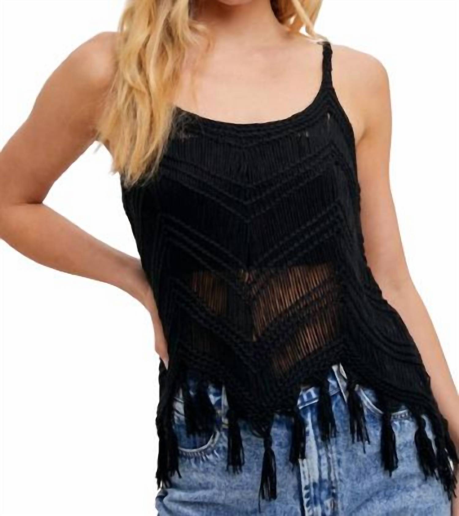 Bluivy - Crochet Fringe Sleeveless Top - black - blouses - clothing