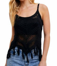 Bluivy - Crochet Fringe Sleeveless Top - black - blouses - clothing