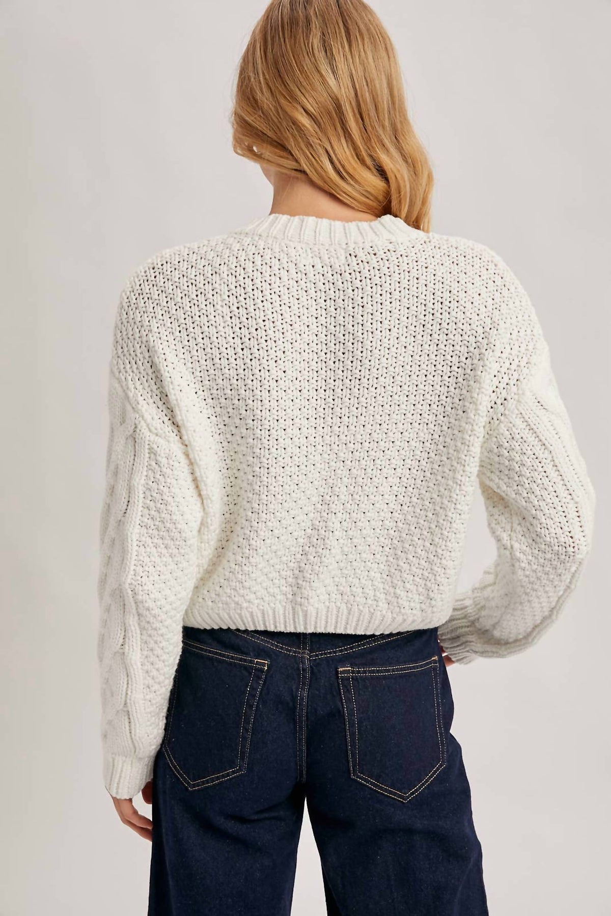 Bluivy - Cropped Button Front Cable Knit Cardigan