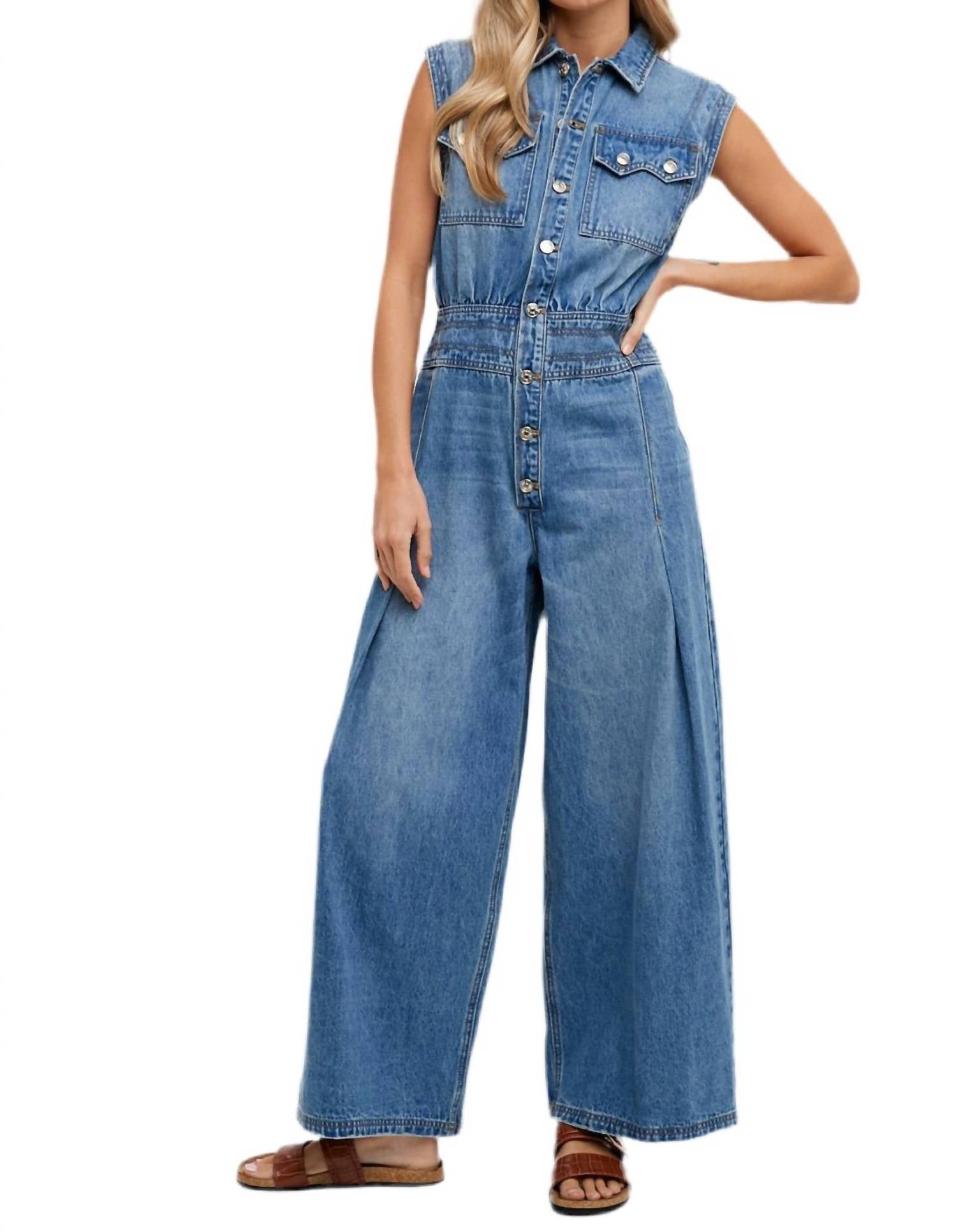Bluivy - Denim Shirt Sleeveless Jumpsuit - blue - clothing - cotton - blend