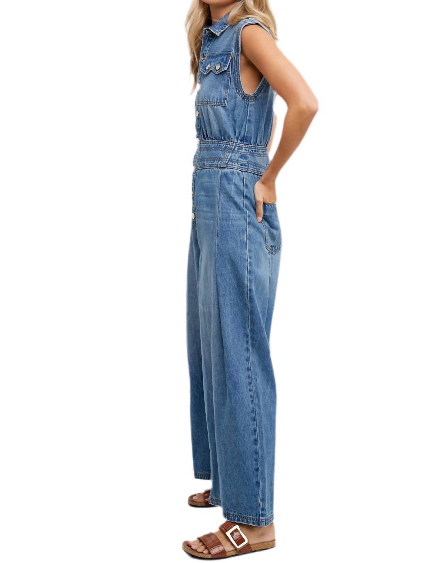 Bluivy - Denim Shirt Sleeveless Jumpsuit - blue - clothing - cotton - blend
