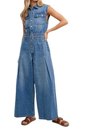 Bluivy - Denim Shirt Sleeveless Jumpsuit - blue - clothing - cotton - blend