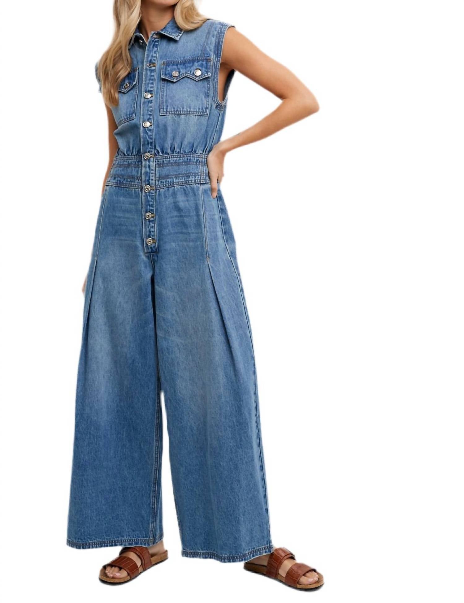 Bluivy - Denim Shirt Sleeveless Jumpsuit - blue - clothing - cotton - blend