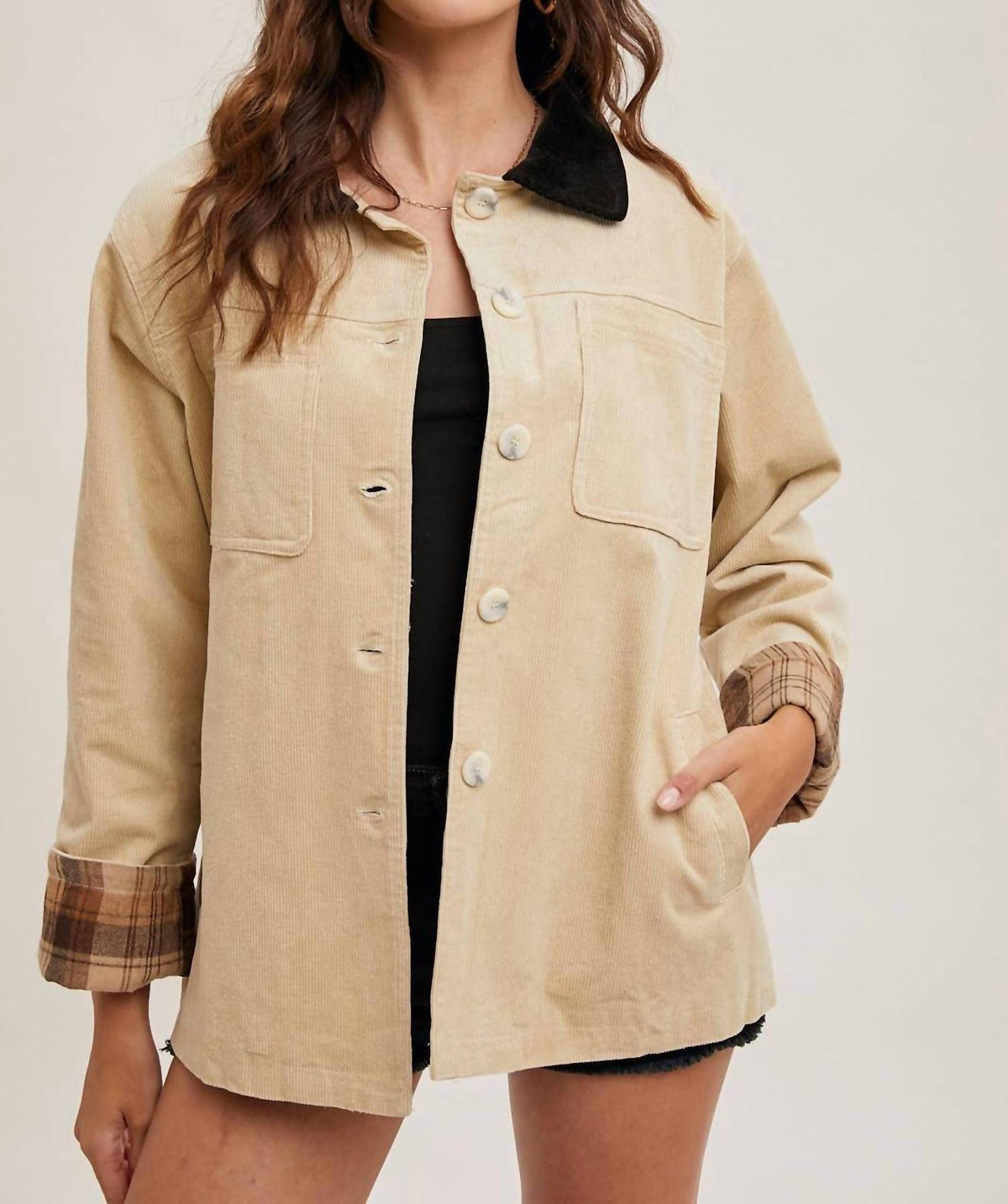Bluivy - Inner Plaid Corduroy Button Down Barn Coat
