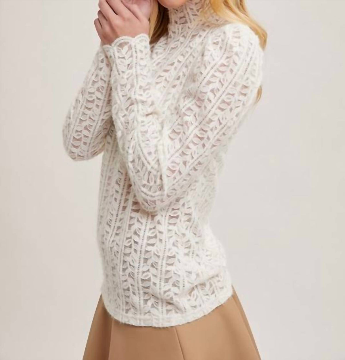 Bluivy - Mock Neck Sheer Lace Top - Ivory