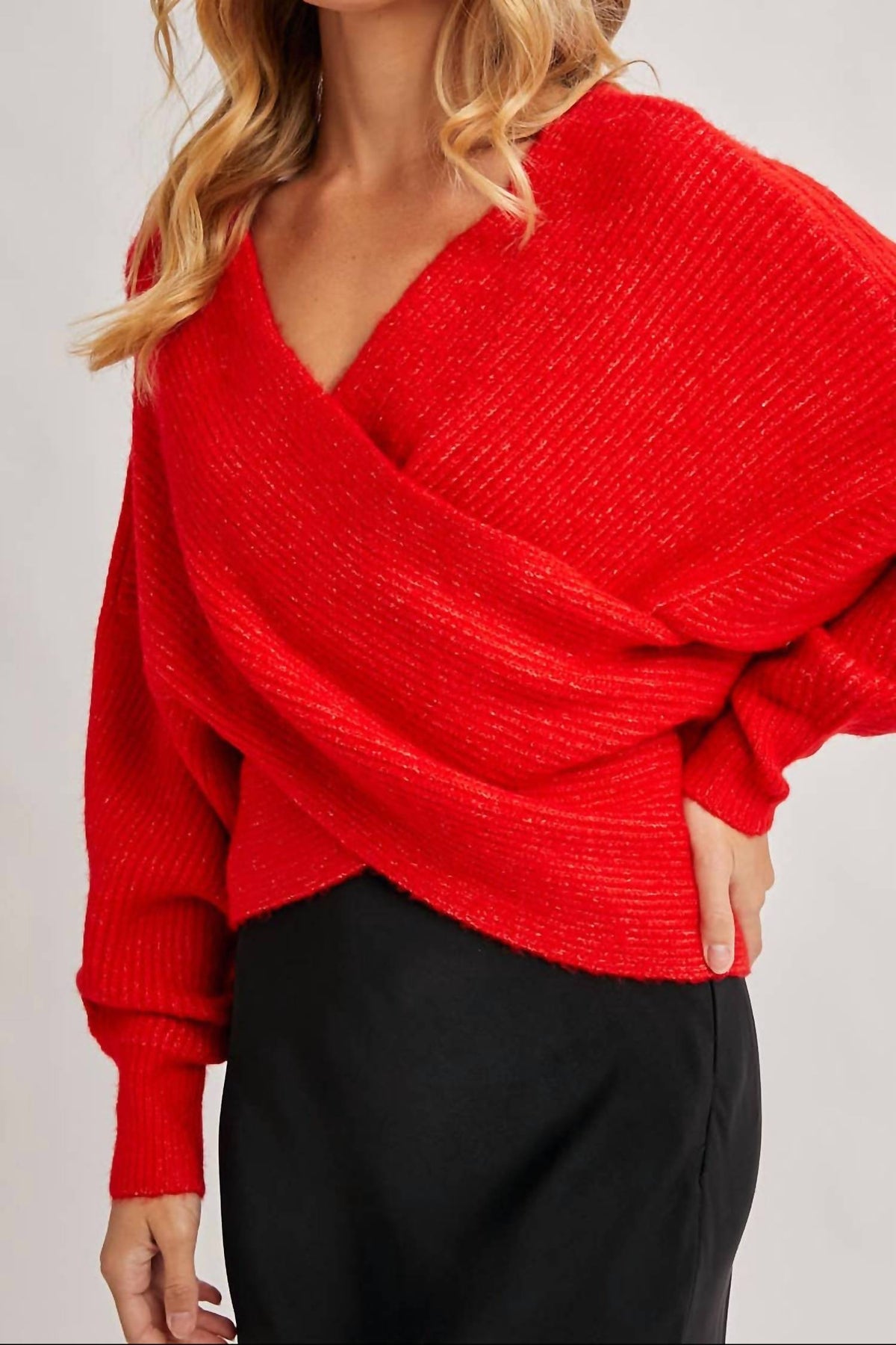 Bluivy - Wrap Crossover Ribbed Fuzzy Knit Sweater