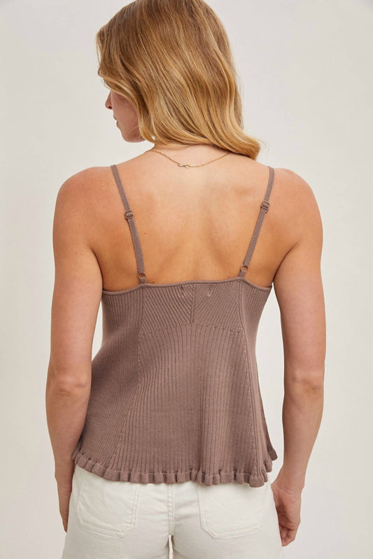 Bluivy - Ruffled Hem Ribbed Cami With Adjustable Strap - brown - camisoles - clothing