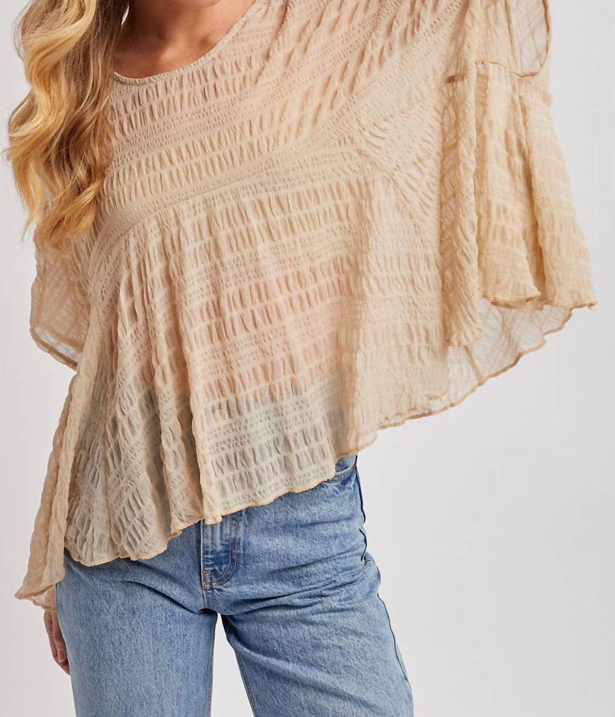 Bluivy - Sheer Asymmetric Textured Cape Top