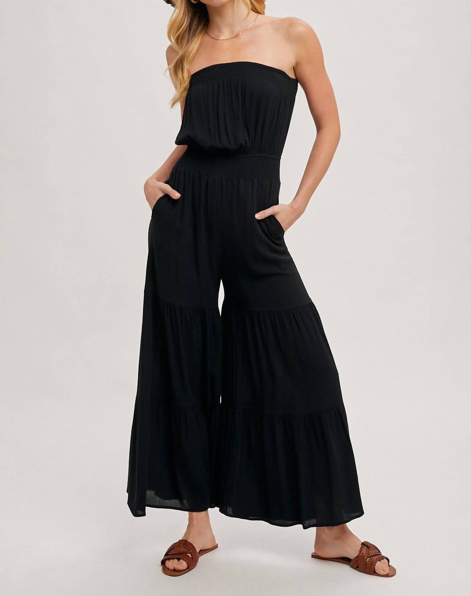 Bluivy - Smocked Tiered Wide Leg Jumpsuit - black - clothing - pants