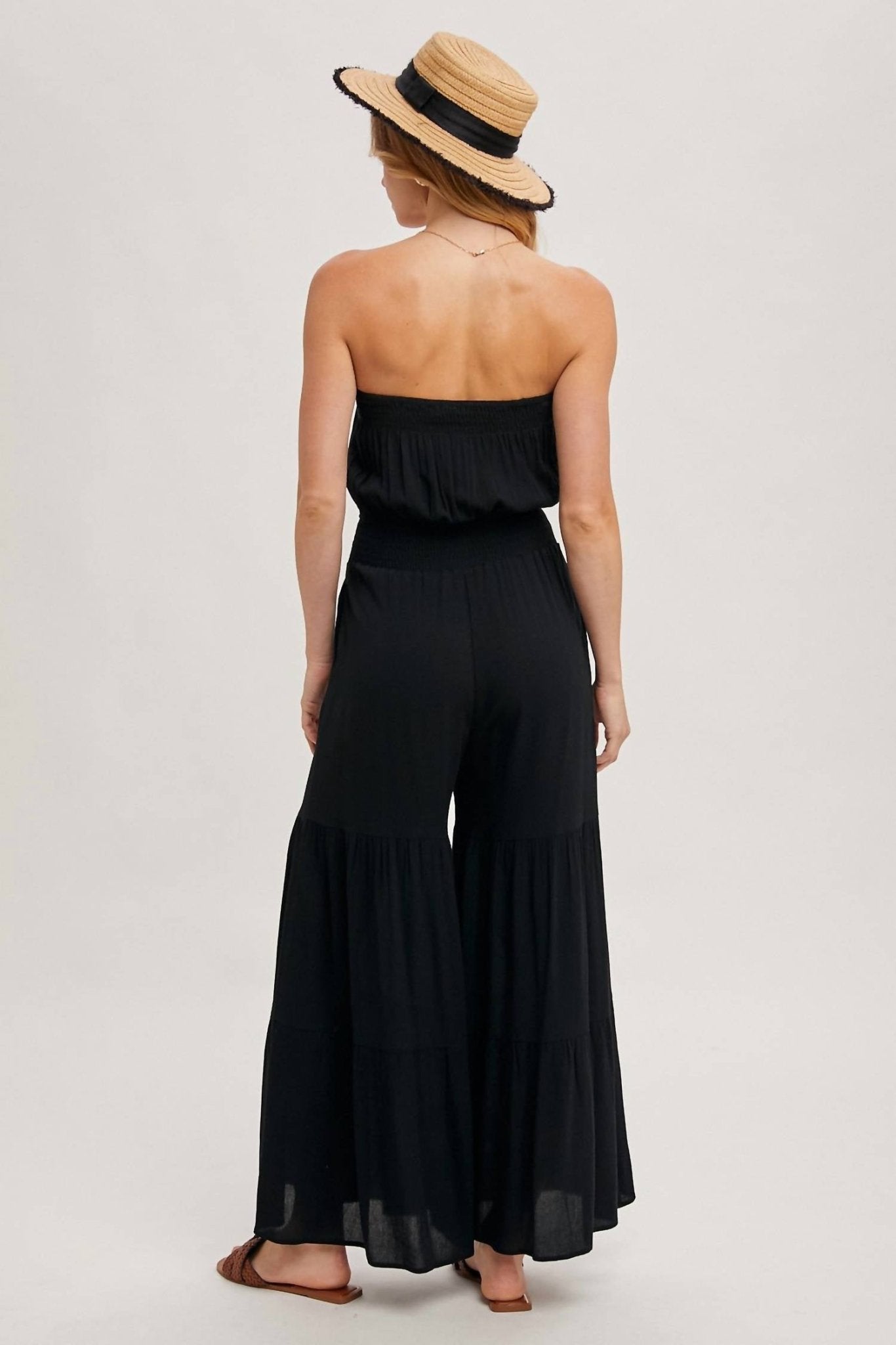 Bluivy - Smocked Tiered Wide Leg Jumpsuit - black - clothing - pants