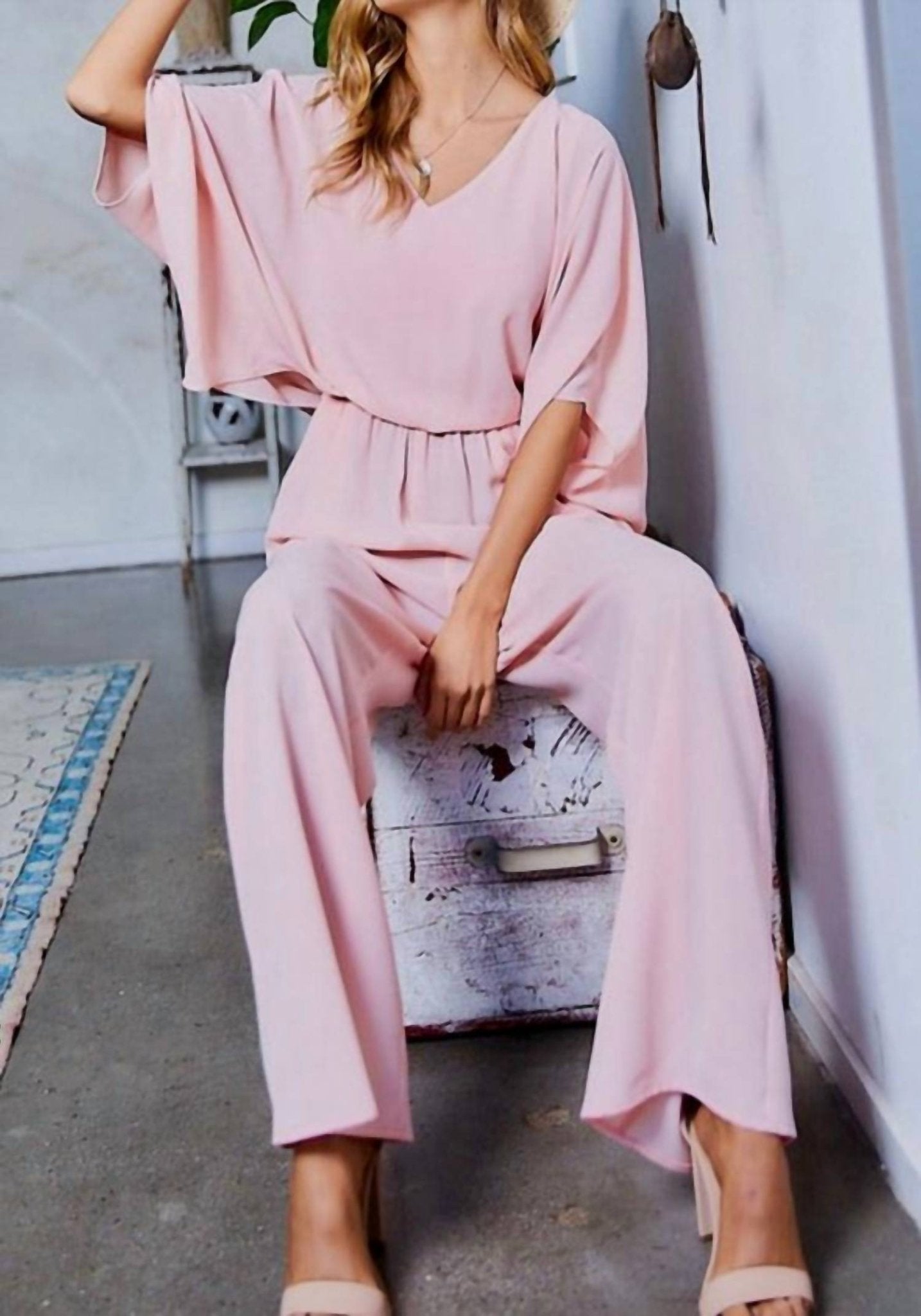 Bns - Blush V - neck Billowy Sleeve Jumpsuit - clothing - jumpsuits - pants