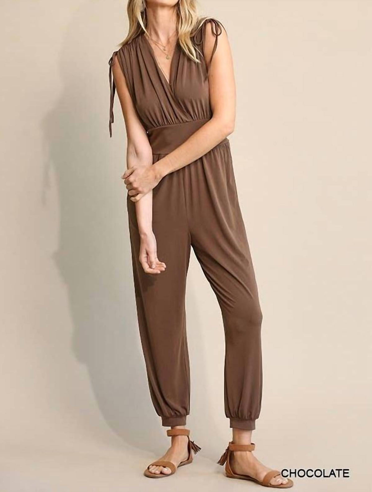 Bns - Ruched Drawstring Detail Jogger Jumpsuit With Pockets