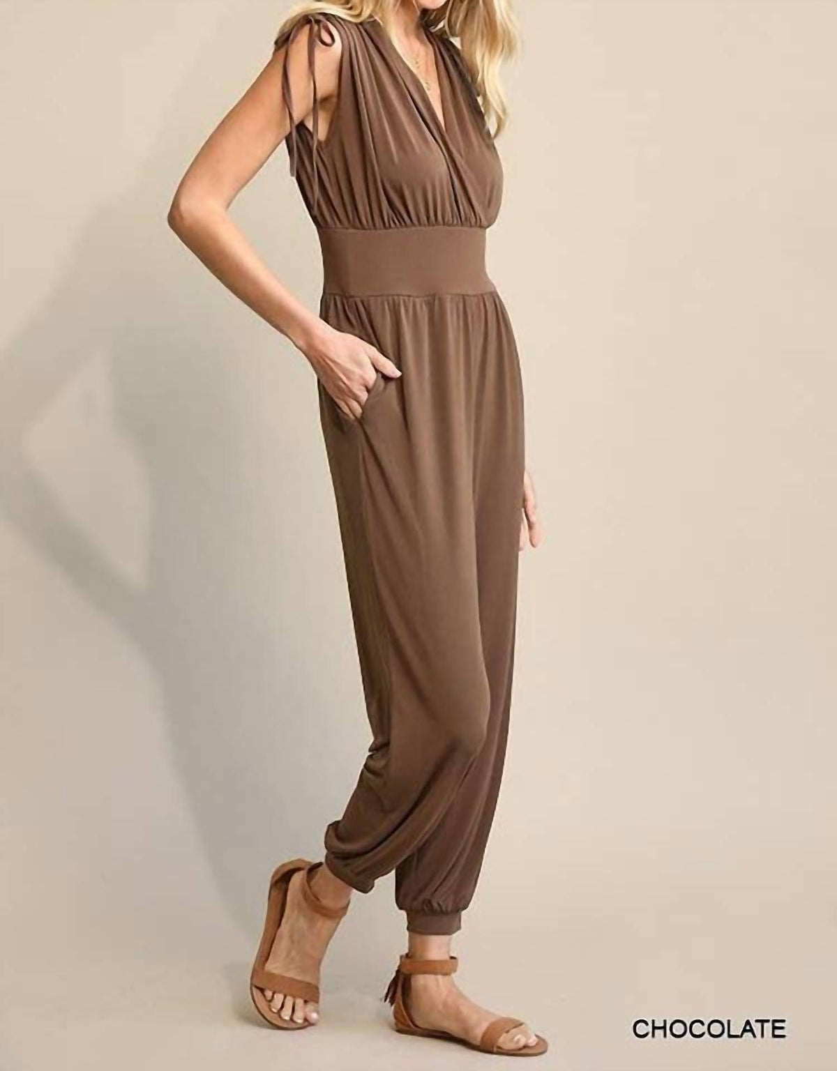 Bns - Ruched Drawstring Detail Jogger Jumpsuit With Pockets