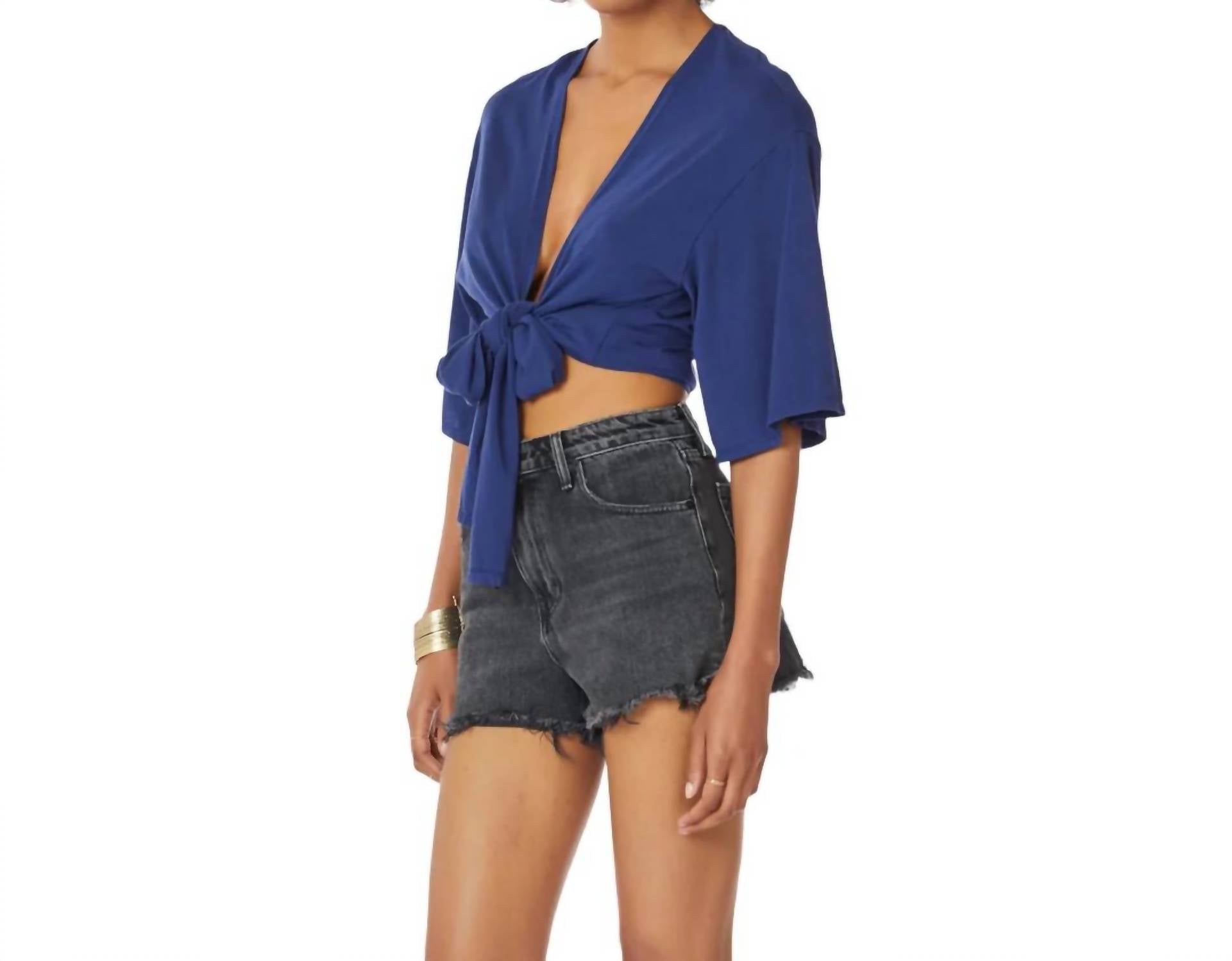 Bobi - Jersey Kimono Wrap Tie Front Top - blouses - blue - clothing