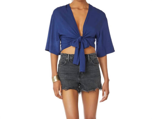 Bobi - Jersey Kimono Wrap Tie Front Top - blouses - blue - clothing