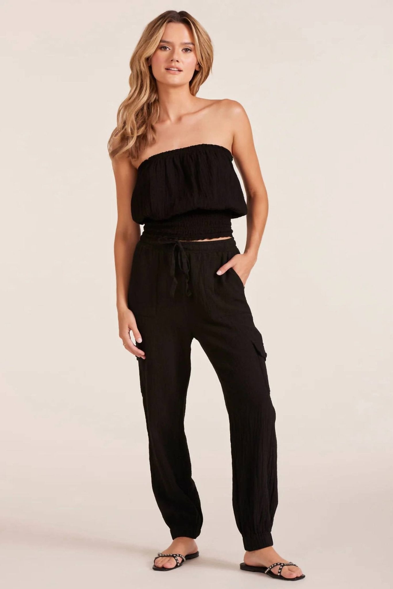 Bobi - Mixed Drawstring Pants - black - clothing - cotton