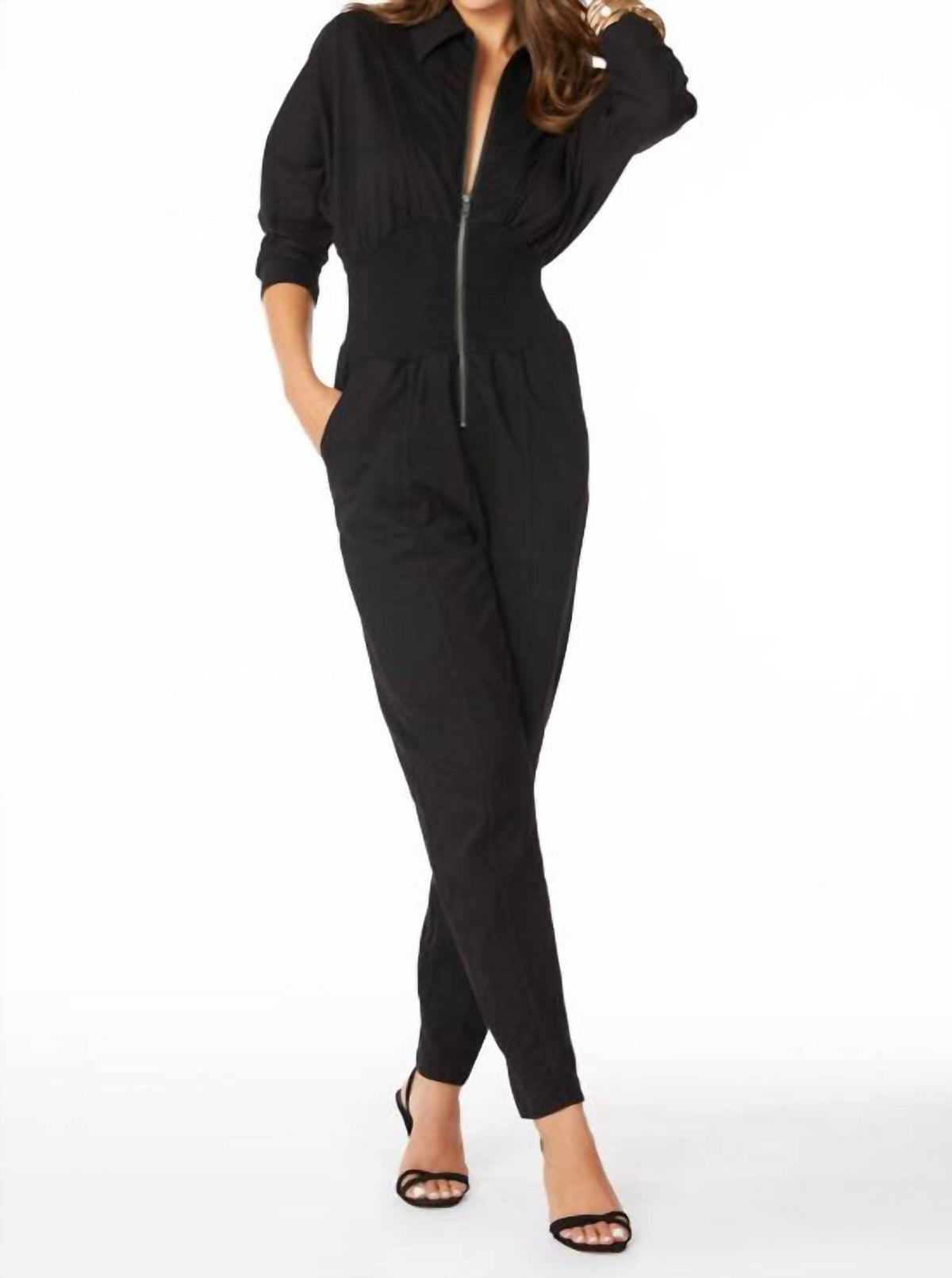Bobi - Smocked Waist Zip Front Jumpsuit