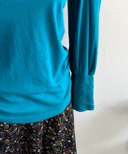 Bobi - Women's Smocked Sleeve Top - blouses - blue - clothing