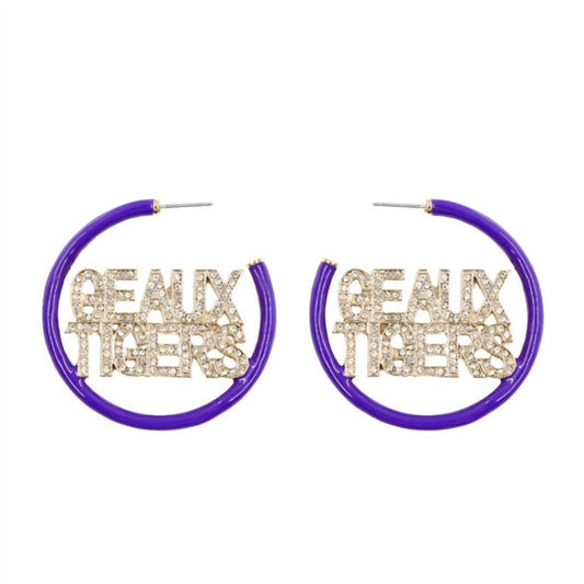 Brianna Cannon - Women's Lsu Pave Hoop Earrings - earrings - jewelry - purple
