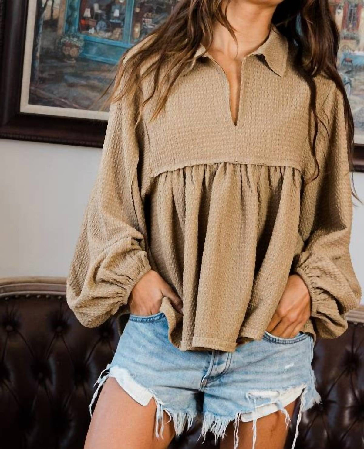 Bucketlist - Ramona Collared Split Neck Pleating Top