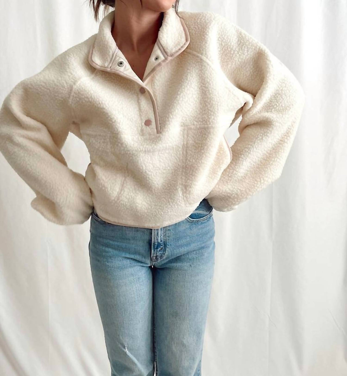Buttermelon - Fleece Button Front Side Pocket Long Sleeve Top