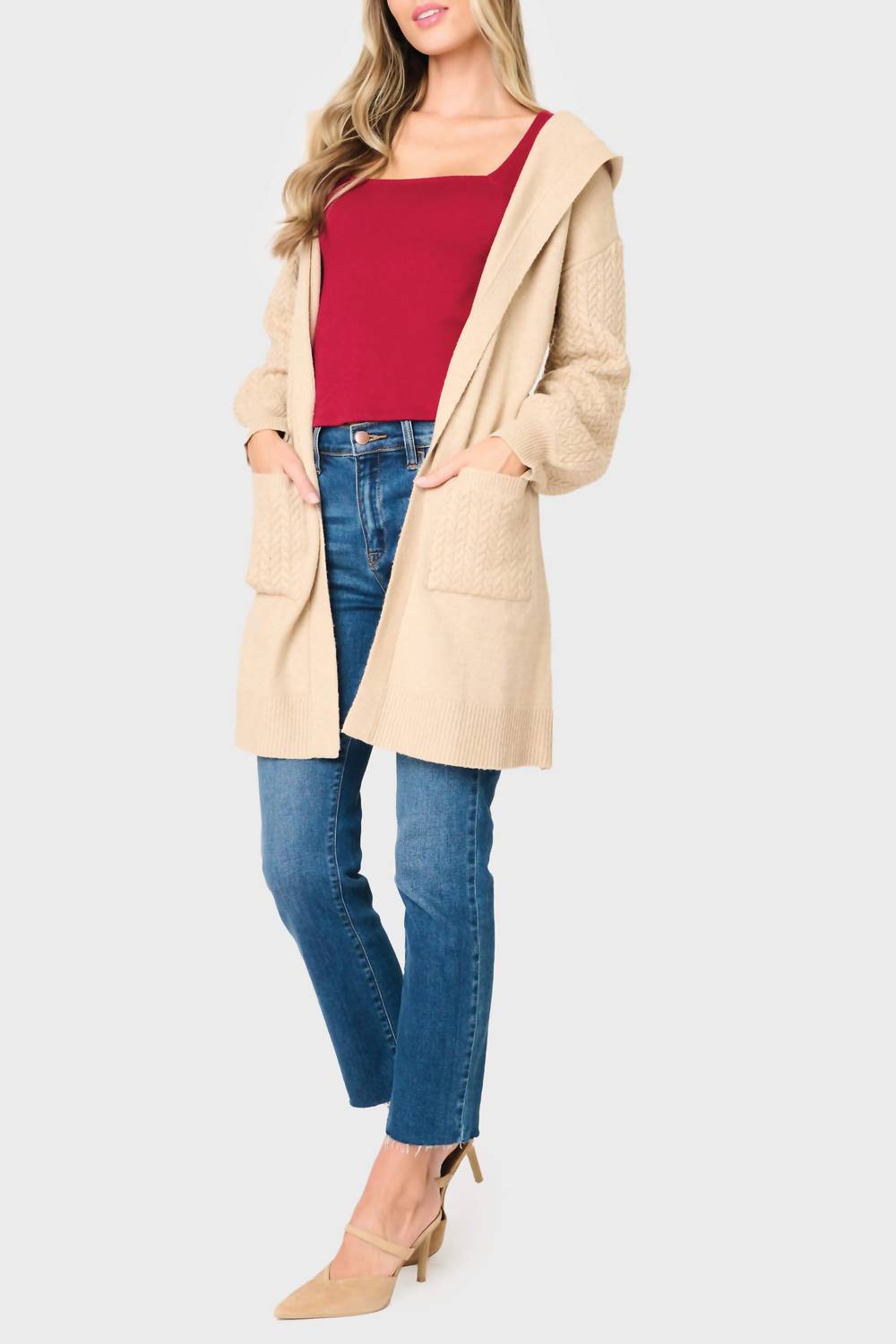 By Design - Fishtail Cable Knit Open Hoody Sweater