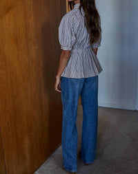 By Together - Short Sleeve Collared Button Down Cinched Waist Top