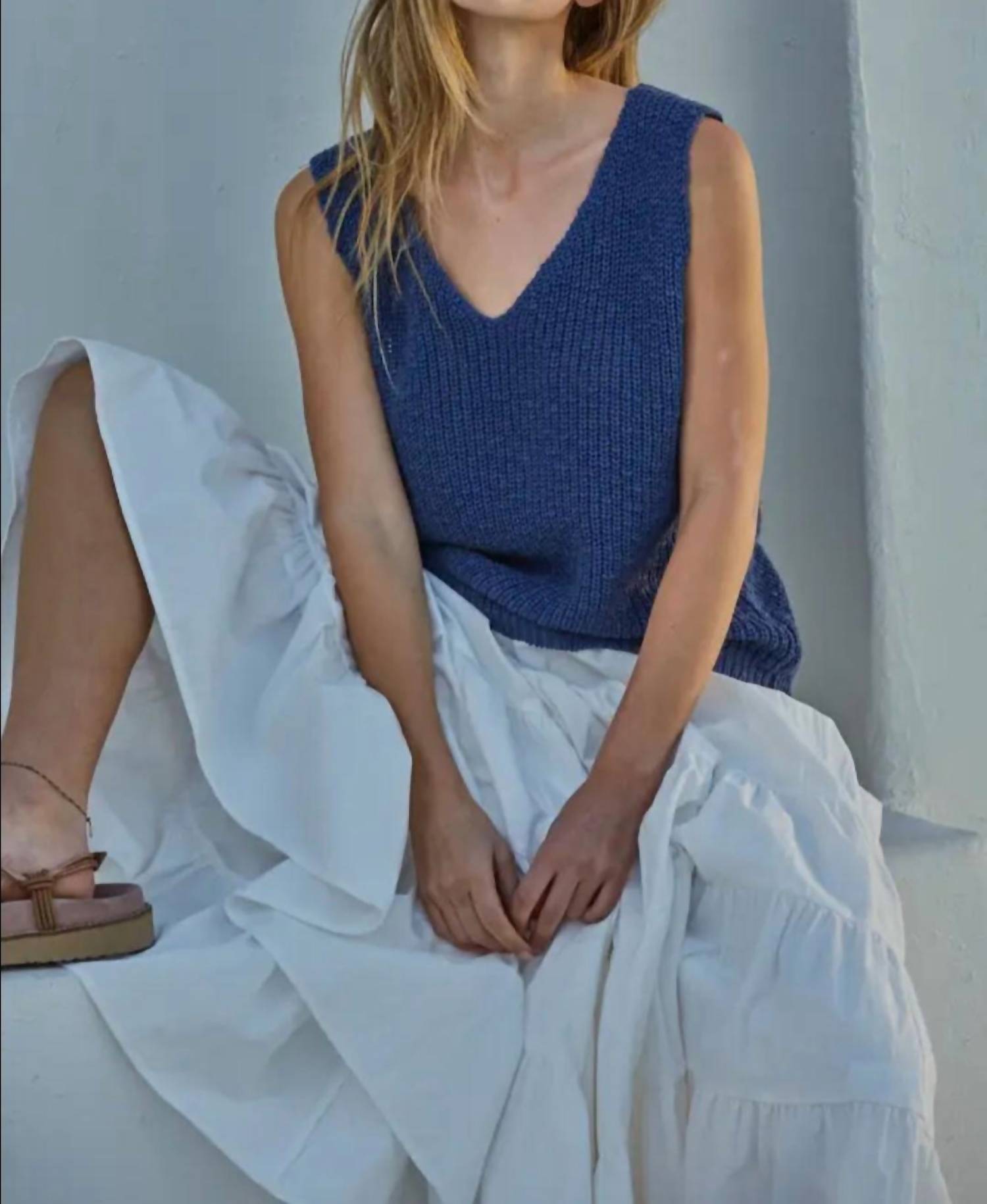 By Together - Zoe Knit V - neck Sweater Tank Top - blue - clothing - cotton