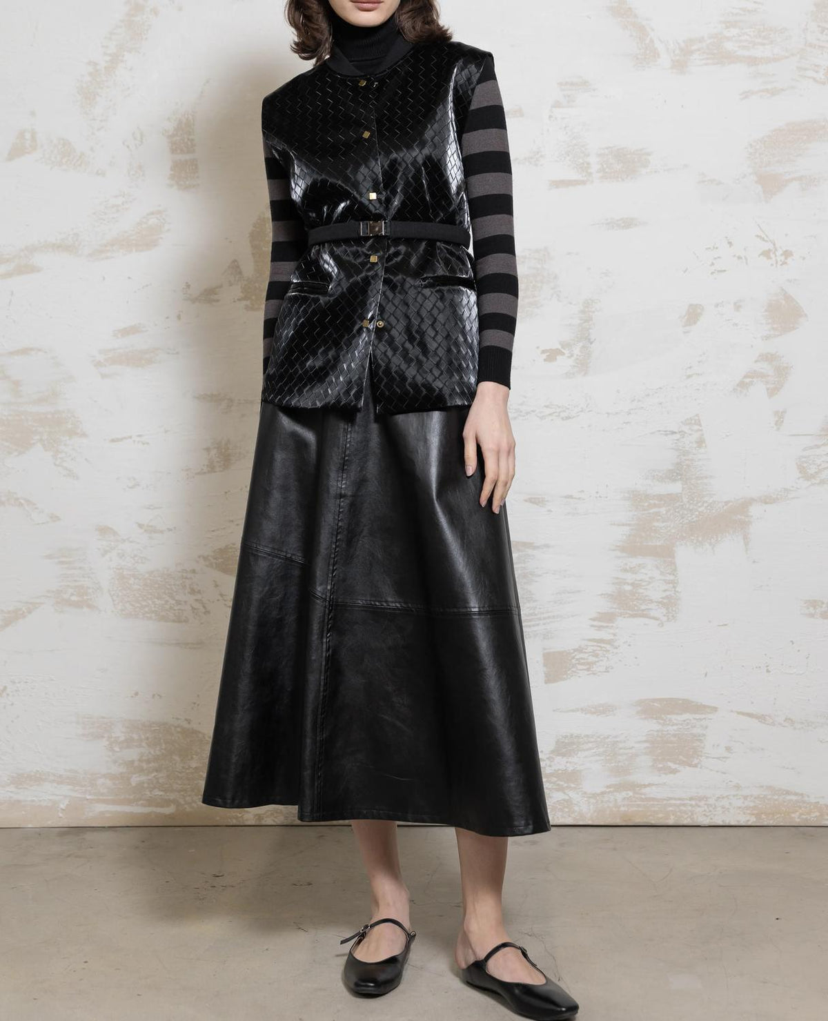 Byrd - Harper Faux Leather Flare Midi Skirt