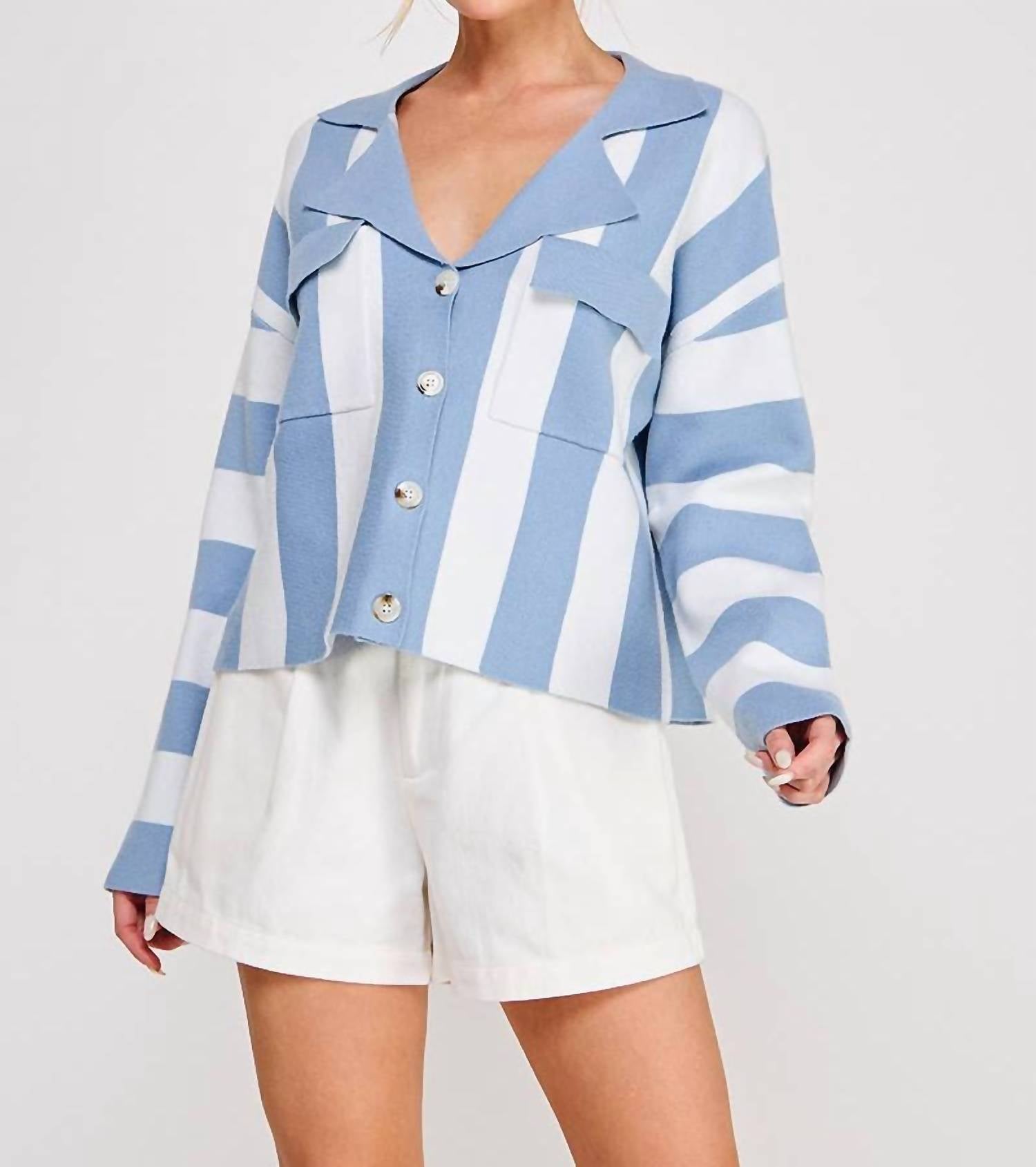 ALLIE ROSE Striped Soft Relaxed Collared Cardigan in ivory blue - women's cardigan