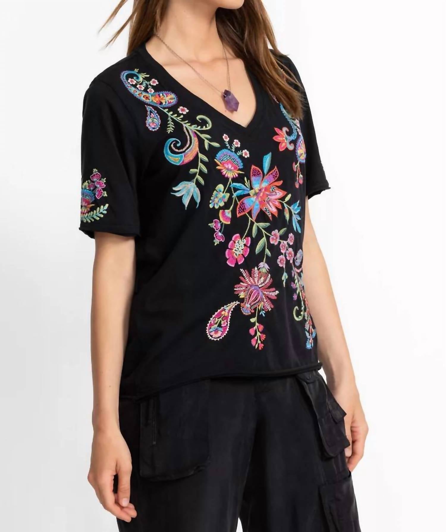 Johnny Was - Raw Hem V-neck Embroidered Tee
