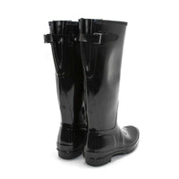 HUNTER Women's Original Tall Back Adjustable Gloss Rain Boots in black - women's shoe - detail view