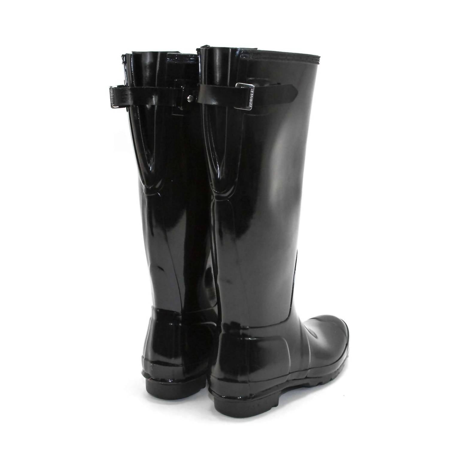 HUNTER Women's Original Tall Back Adjustable Gloss Rain Boots in black - women's shoe - detail view
