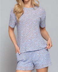 Active Basic Short Sleeve Round Neck Floral Print Knit Top & Shorts Set in blue floral - women's sleepwear - detail view