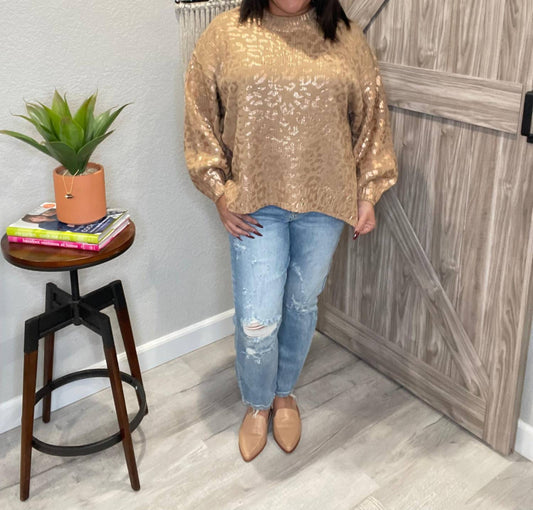 And The Why - Metallic Rose Gold Taupe Leopard Print Balloon Sleeve Sweater