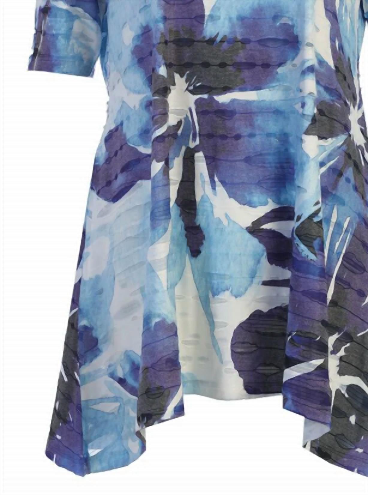 Jess & Jane Women's Tahoe Double Knit Cold Shoulder Top in blue violet abstract floral - women's blouse - alternate view
